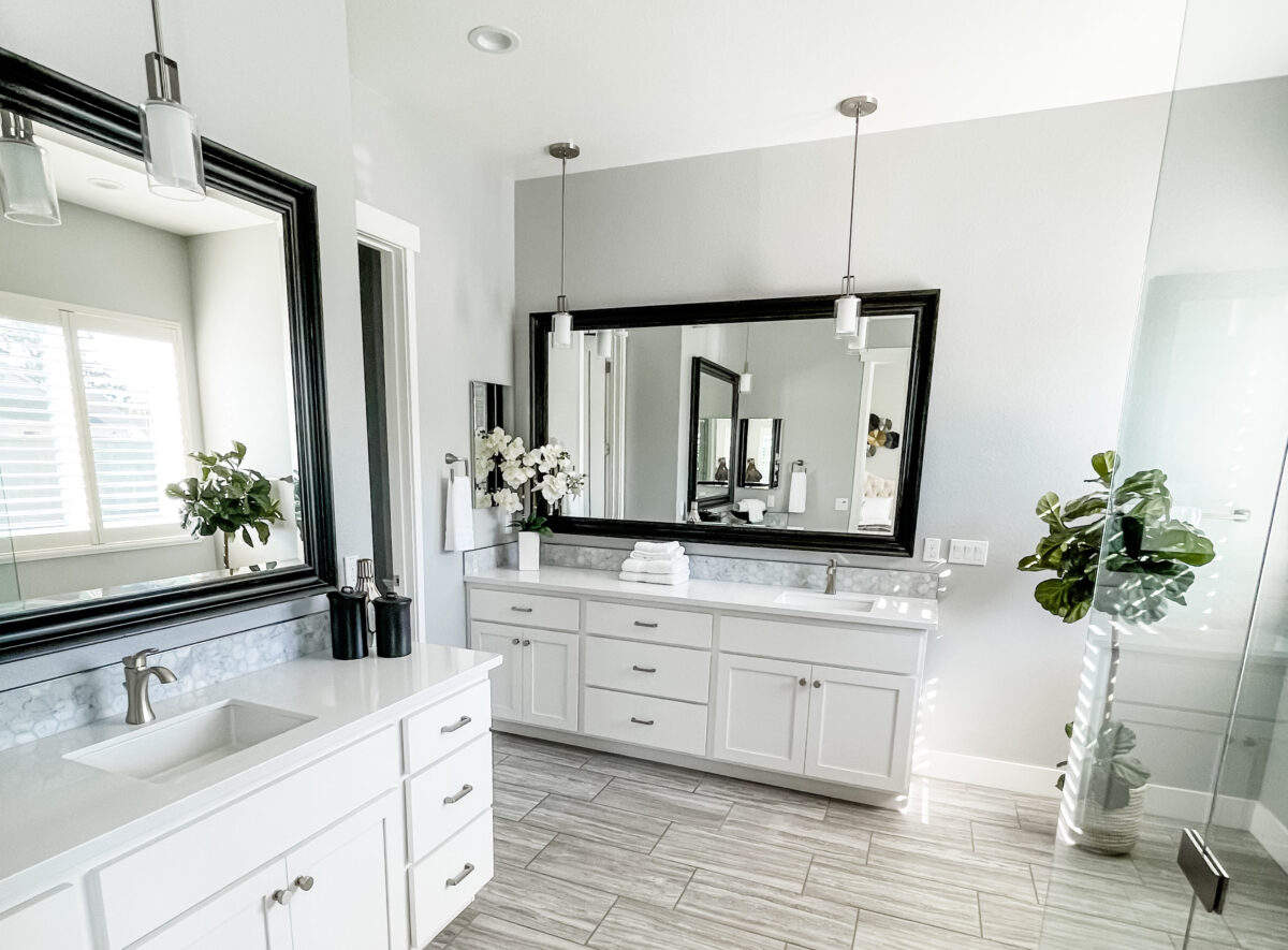 luxury bathroom in Northern California home staged with housewares and decor items