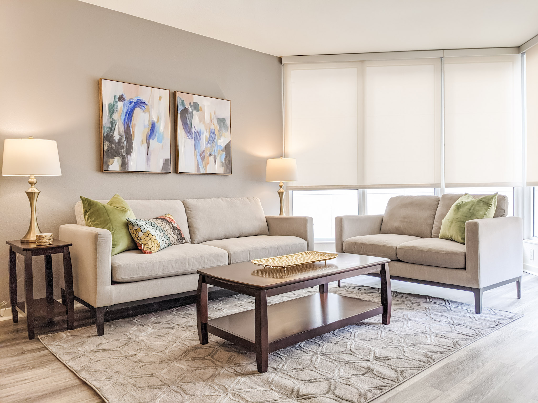 living room home staging with rental furniture for airbnb